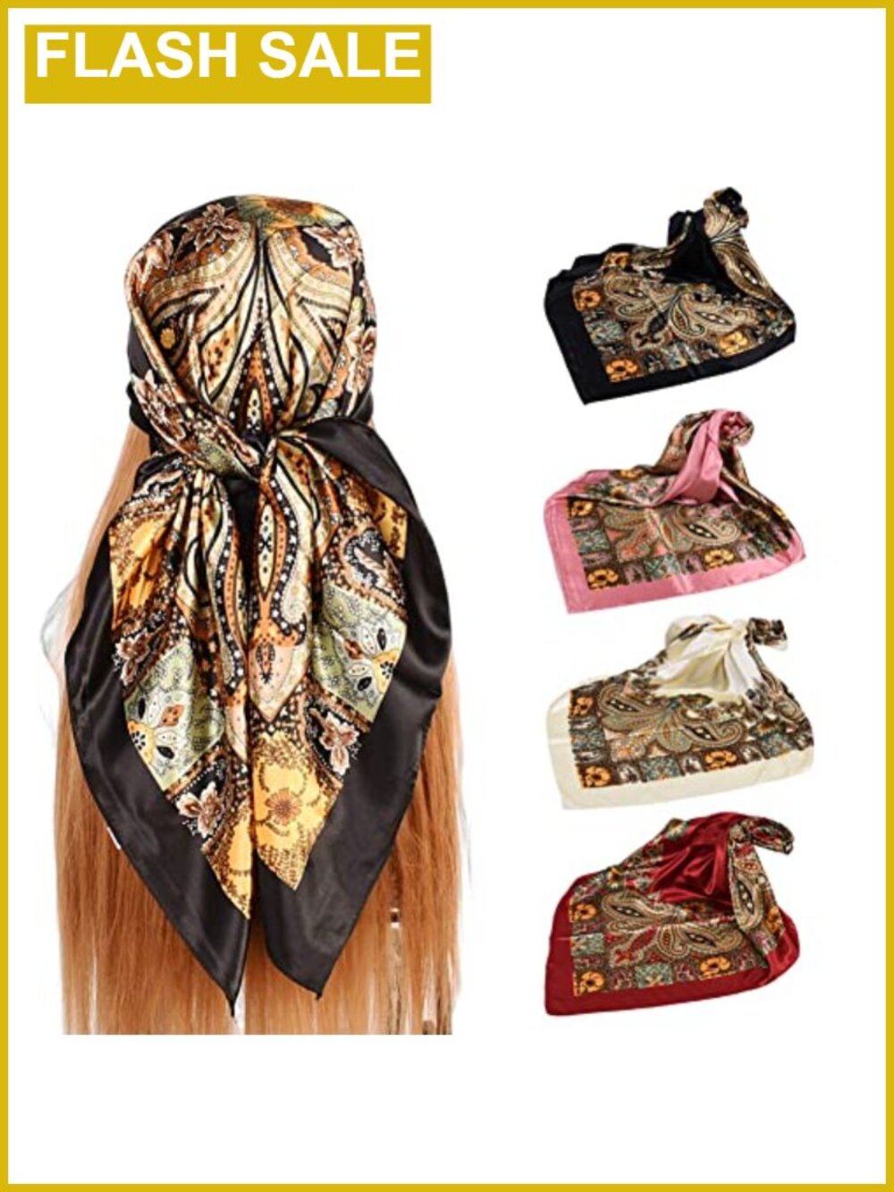 4Pcs Silk Feel Satin Head Scarves 35" Large Square Bandana Neck Scarf Shawl